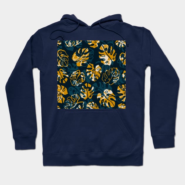 Navy Monstera Leaves Hoodie by Carolina Díaz